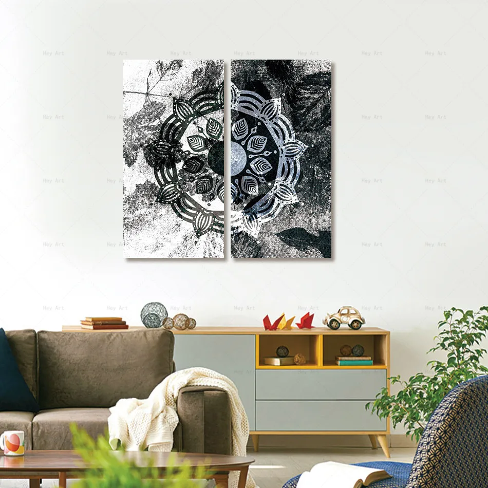 Mūsdienu Kanvas Glezna Melnā un Baltā Bloku Ziedu Attēlu Mandala 2 Panelis Sienas Mākslas Izdrukas, Plakāti Mājas Dekoru