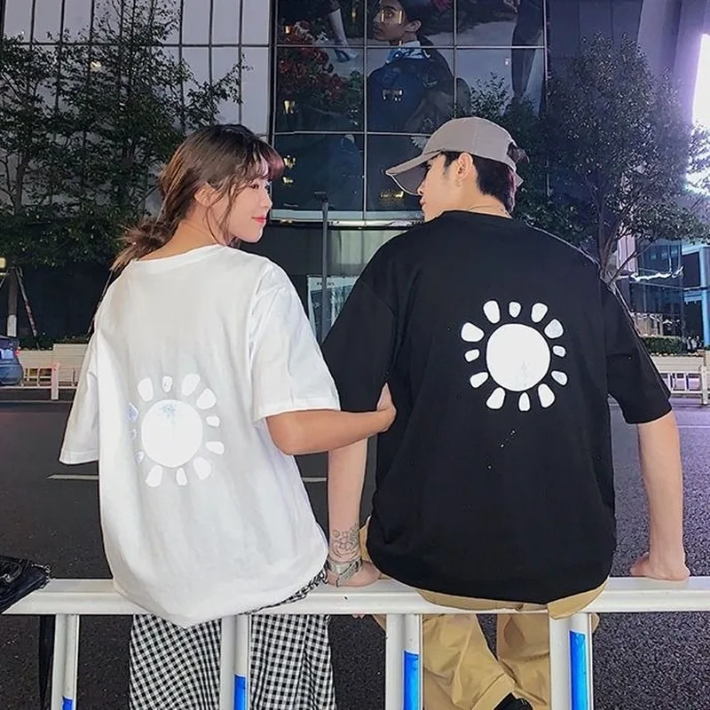 Ar īsām Piedurknēm T-krekli Iespiesti Atstarojošs Pāri Harajuku Streetwear Hip-hop Stilīgs Vienkārši korejas Plus Izmērs 4XL Lielajam Gadījuma