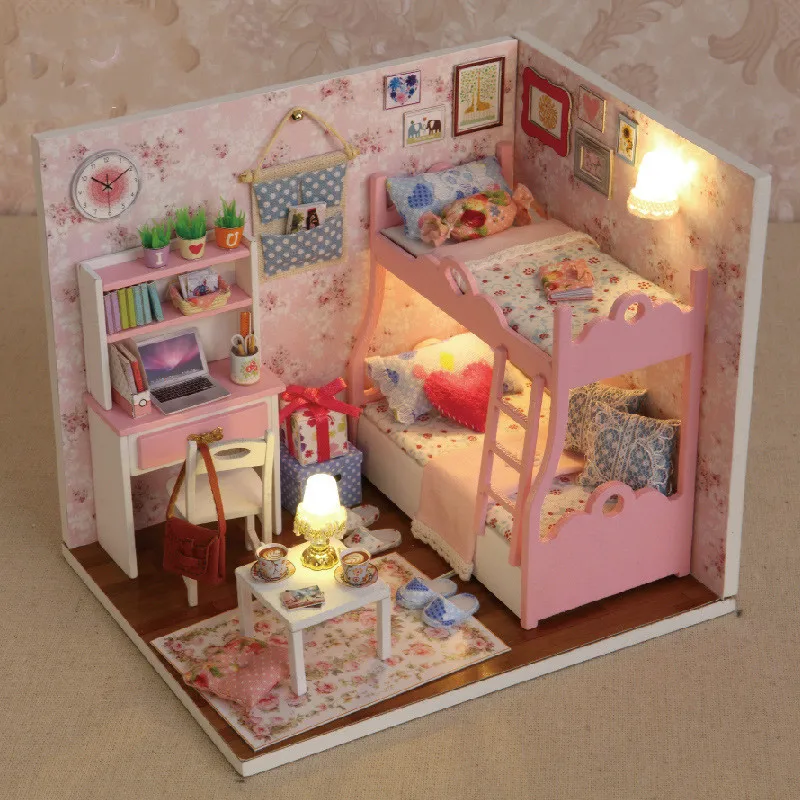 LED Rozā Meitene lelle, mājas mēbeles, mēbeles diy namiņš koks diy leļļu nams miniatūra leļļu namiņš mēbeles Komplekts bērniem mājās puzzle Rotaļlietas