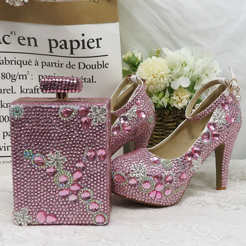 Sieviešu kāzu kurpes Kāzu Rozā kristāla puses kurpes ar atbilstošas somas modes augstpapēžu kurpes platformas kurpes Sieviete Kārta Toe Sūkņi