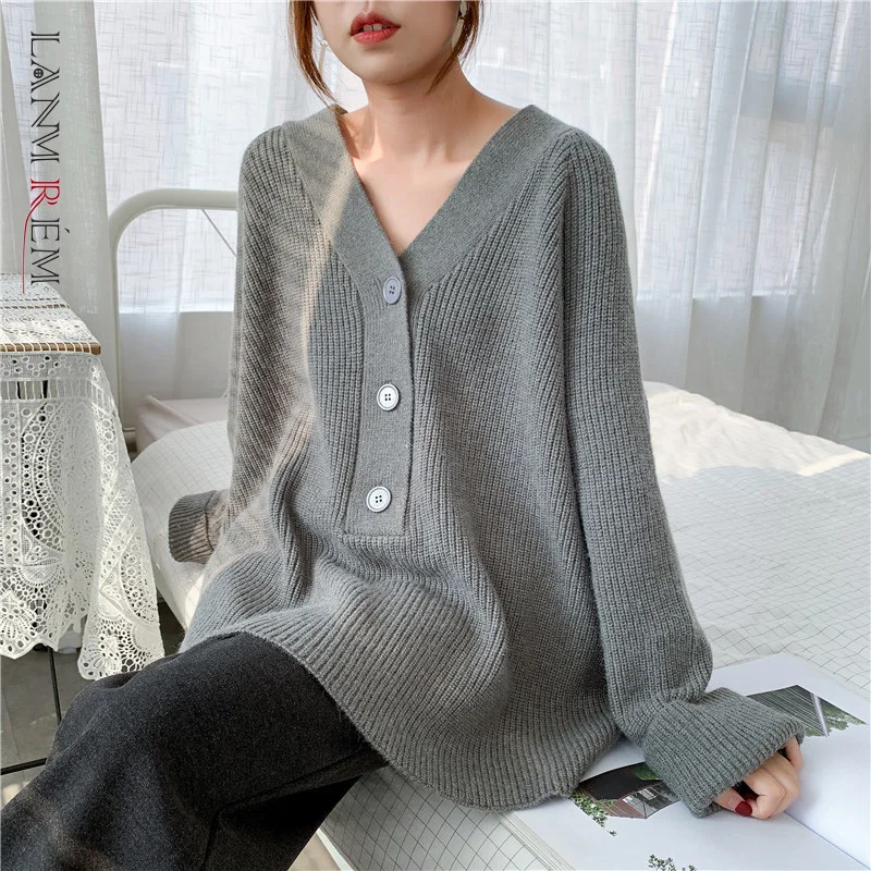 LANMREM 2021. gada rudenī korejas tranšejas elegants vintage v-veida kakla mīksti kašmira adīt džemperis sieviešu topi vidēja garuma drēbes famale PC440