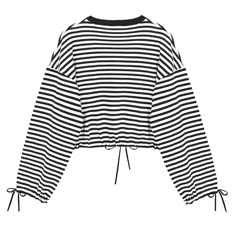 [EAM] Sieviešu Melns Svītrains Aukliņu Adīšanas Liela Izmēra T-krekls Jaunu Apaļu Kakla garām Piedurknēm Modes Jūra Pavasara Rudens ir 2021. 1Y850