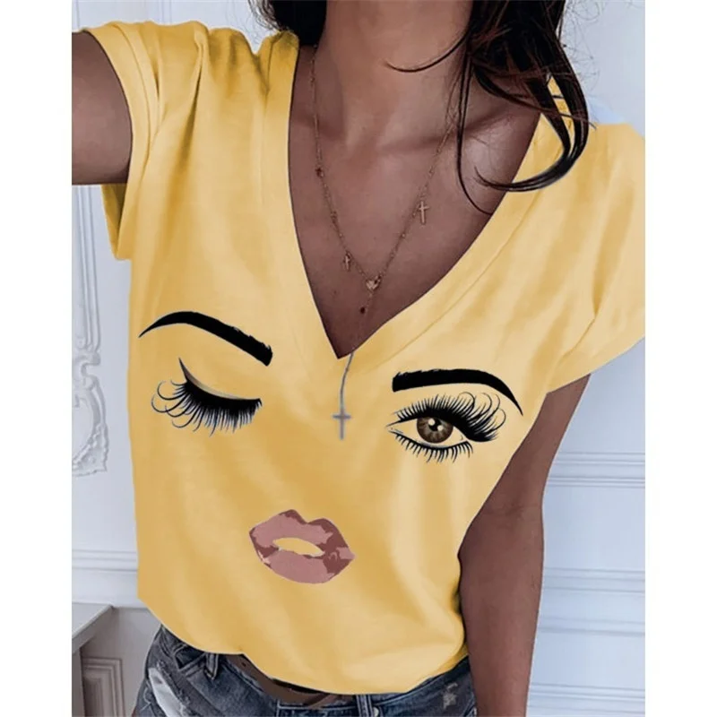 Vasaras Gudrs Smieklīgi Sieviešu Cēloņsakarību Ar Īsām Piedurknēm Acu, Lūpu Iespiestas Grafikas Plus Lieluma V Veida Kakla Topi Sieviešu Modes Brīvs T Krekls Camisetas