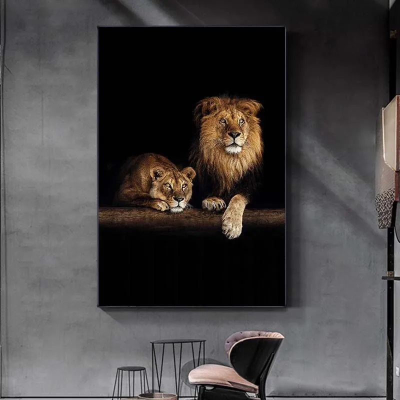 Āfrikas Savvaļas Lauva Ģimenes Audekls Mākslas Plakāti un Izdrukas Dzīvniekus Tumsā Audekla, Gleznas pie Sienas, Mākslas Dzīvnieku Attēli