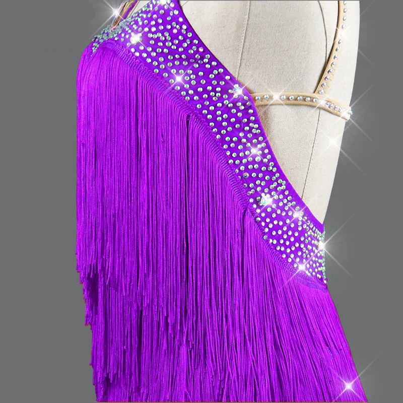 Multi Bārkstis latīņamerikas Deju Kleita Backless Skatuves Kostīmu Pieskarieties Deju apģērbi Samba Darbības Violeta latīņu Kleitu Pieaugušo Bērni VDB2365