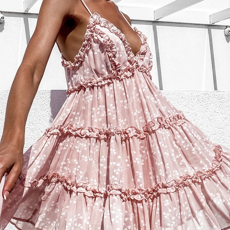 Boho vasaras Ziedu drukāt savirmot Spageti-line kleita Sievietēm sexy Savirmot v-veida kakla mini kleita brīvdienu Beachwear kleitas vestidos