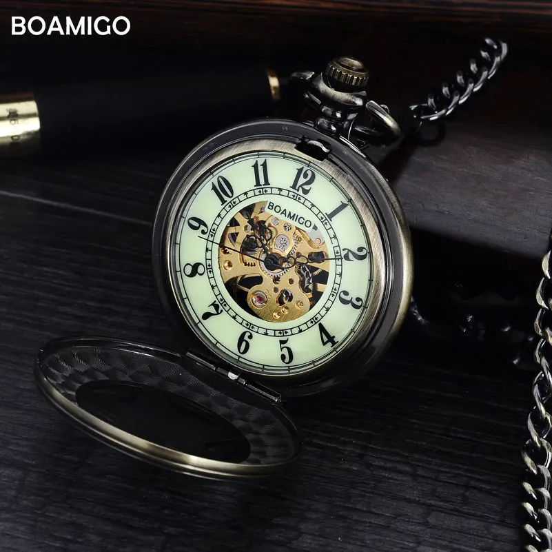 FOB vīriešu kabatas pulksteņi, antikvariāts, mehāniskie pulksteņi BOAMIGO skelets romiešu numuru pulksteņi vara zvaigžņu dizaina pulkstenis reloj hombre