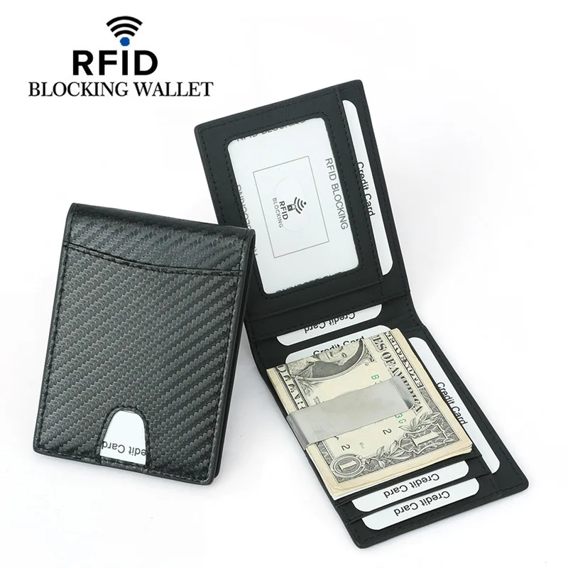 RFID Pretbloķēšanas Maku Vīriešiem Oglekļa Šķiedras Maks ar ID Logā Slim Bifold Sānu Kabatas Maku ar Naudu Klipu