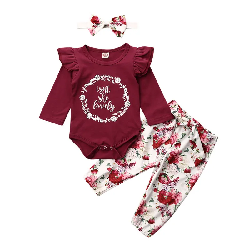 Baby Toddler Meiteņu Drēbes, Ziedu drukāt Pārsējs Bikses priekšgala Galvu Ģeometrija Savirmot ar garām piedurknēm ar apaļu kakla Bodysuit 3pc Tērpiem