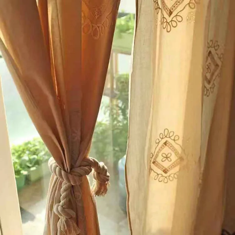 Amerikāņu kantrī Stilā Bēšs Balts Kokvilnas&Lina Ģeometrisko Modeli, Izšūti Tamborētas Mežģīnes Pabeidzis Dzīvojamā Istaba Aizkaru 175cmW