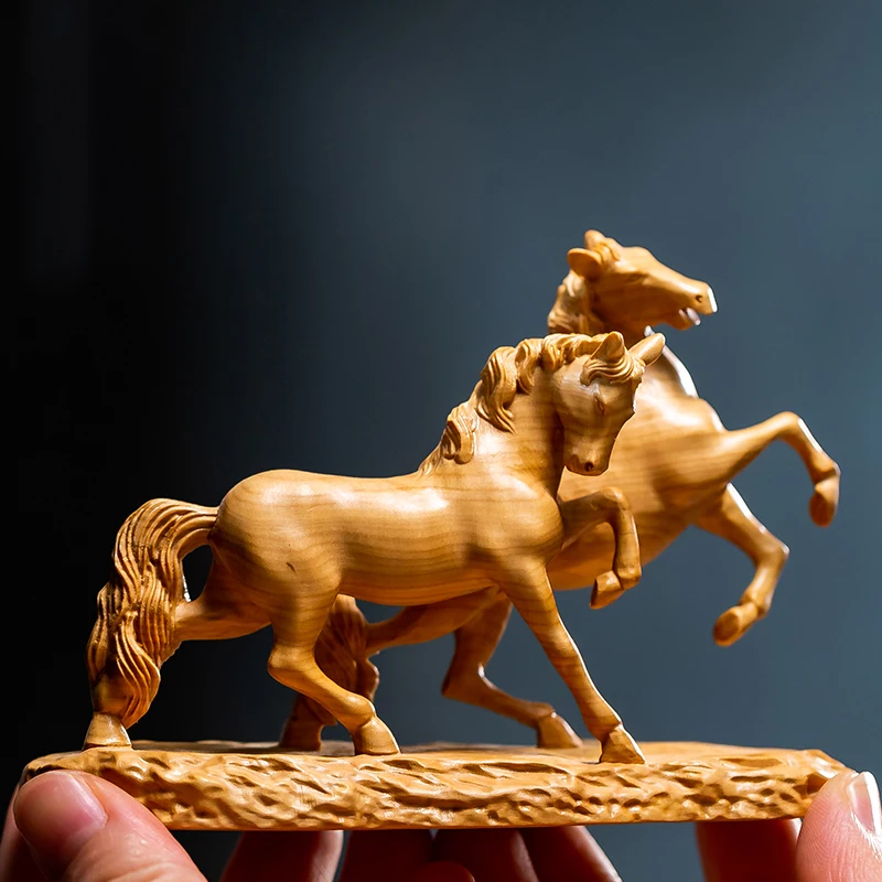 Dubultā Zirgu Statuja Koka Ķīnas Bagātība Zirgu Statuja Mājas Dekorēšanas Piederumi Biroja Galda Dekori Budas Rotājumi