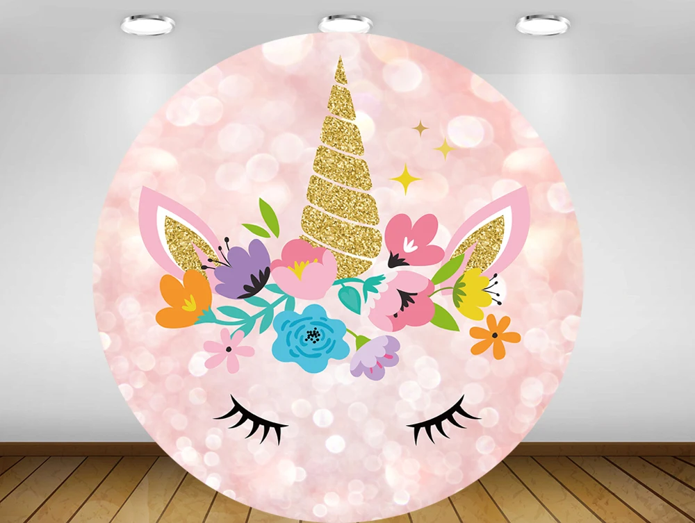 Apaļa Apaļa Paneļa fona apļa fona varavīksnes vienradzis tēmu dzimšanas dienas svinības dekori bērnu dušas poliestera auduma, vinila