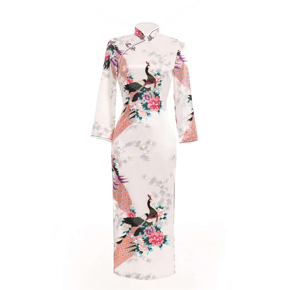 Šanhajas Stāsts Mākslīgās Zīda Ziedu Qipao vintage ķīniešu stila kleita Ķīnas Austrumu kleita Pāvs cheongsam Ilgi Ķīniešu Kleita