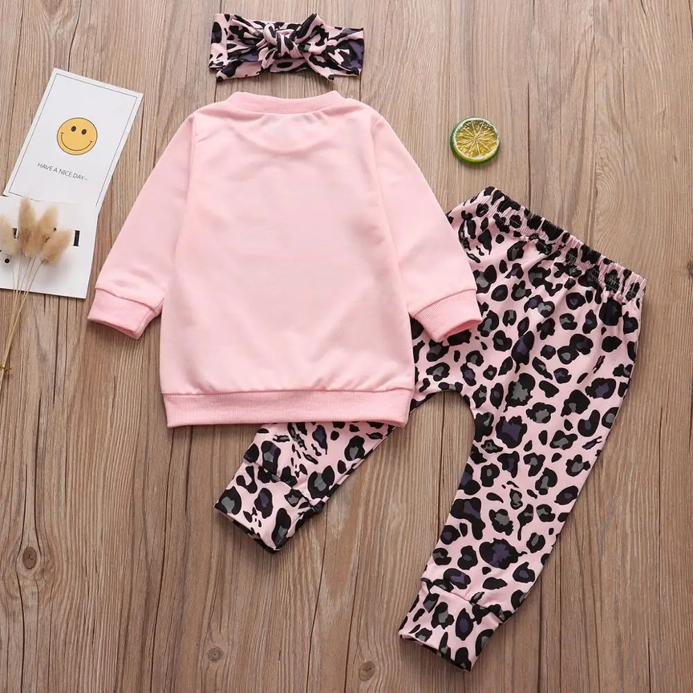 3PCS Infant Baby Meitenes Apģērbu Komplekts 0-4T Pavasarī, Rudenī Tētis Saka Nē Iepazīšanās Topi+Leopards Drukāt Bikses+Galvas Toddler Meitene Tērpiem