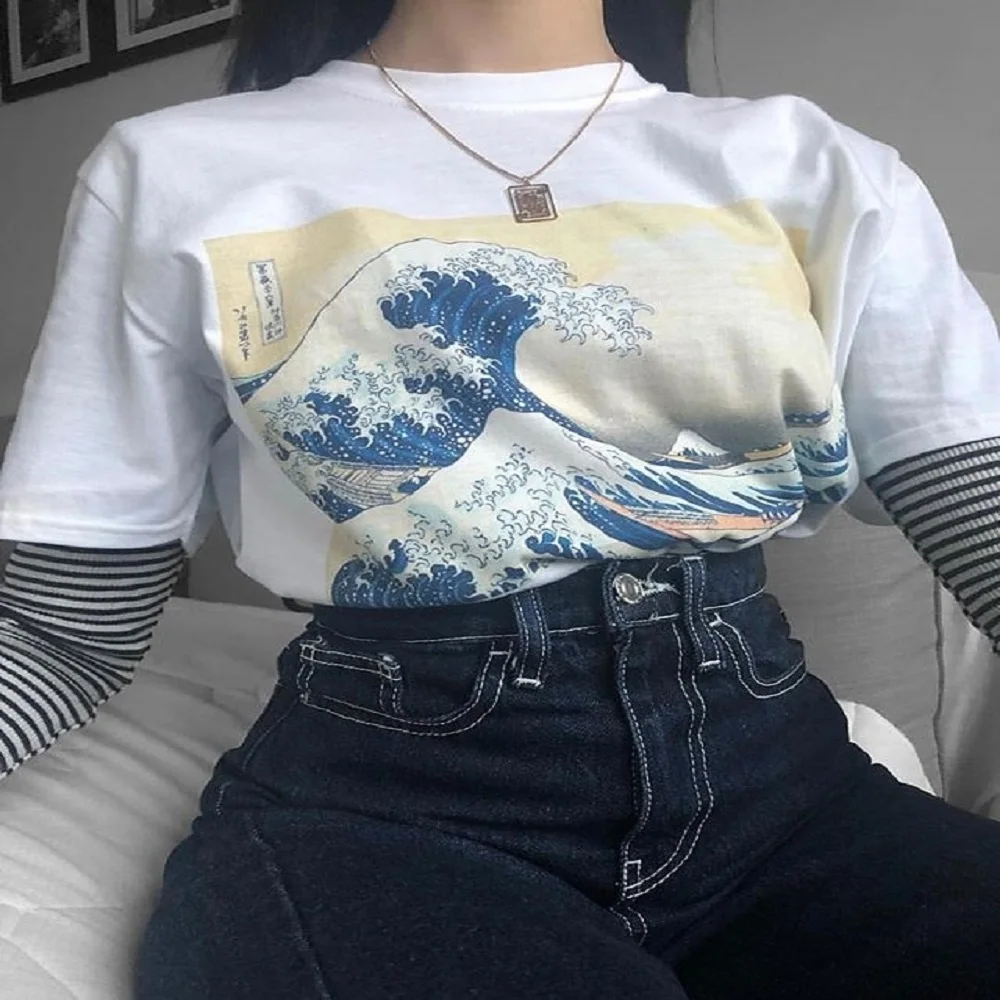 Hokusai Japāņu Glezniecības Saskaņā Vilnis Off Kanaga Vas Balts T-Krekls Vasaras Stils, Unisex, Tumblr Modes Īsām Piedurknēm Top Tee