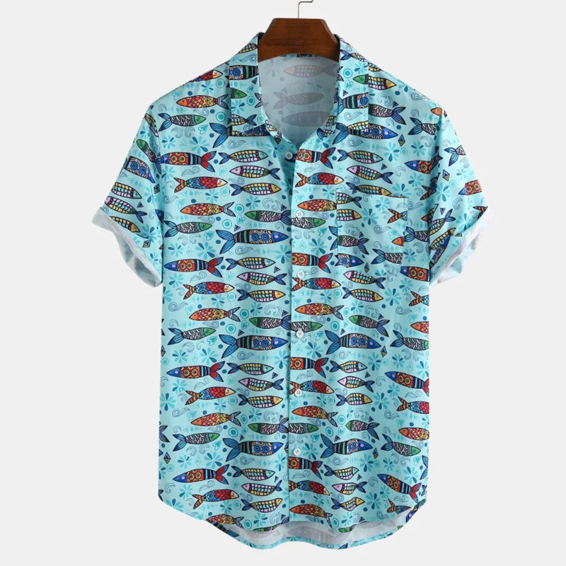 Brīvdienas Vīriešu Īsām Piedurknēm Krekli Ziedu Anime Zivju Iespiesti Krekls chemise homme Vīriešu Camisa Gadījuma Zaudēt Pludmales Havaju Krekli