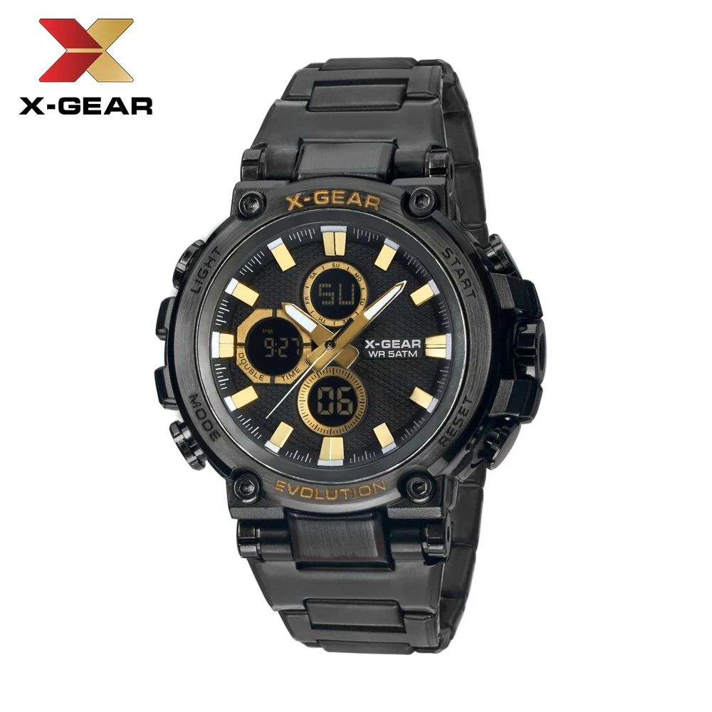 X-GEAR Vīriešu Pulksteņi Digitālās Kvarca Dubulto Laiku Chronograph Watch Mens LED Chronometre Nedēļu Displejs rokas pulksteņi montre homme Stundu