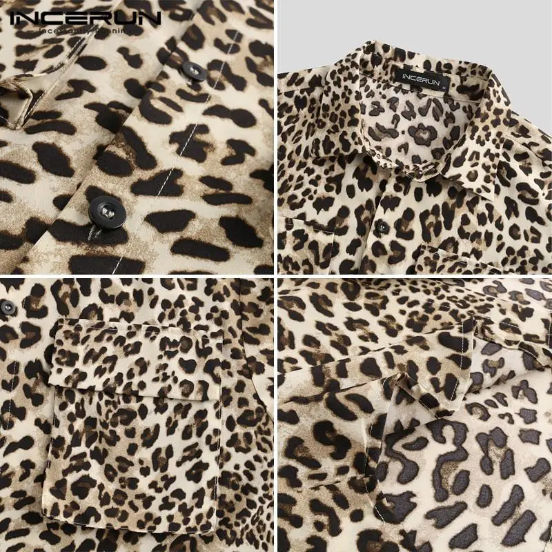 INCERUN Modes Leopards Drukāt Vīriešiem Komplekti Īsām Piedurknēm Streetwear Ir 2021. Krekli Ikdienas Bikses Puse Šiks Kabatas Vīriešu Uzvalku 2 gab. Komplekts