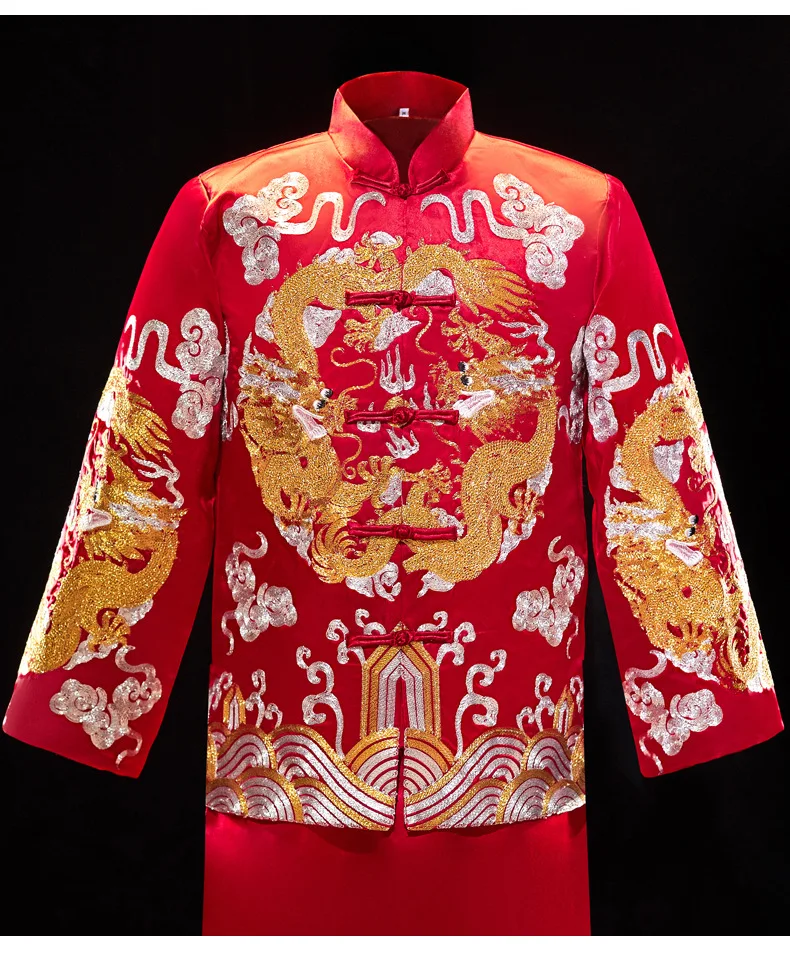 Sarkanā Līgavainis Vintage Zaudēt Cheongsam Tradicionālā Ķīniešu Kāzu Kleita Satīna Qipao Izšuvumi Pūķa Kostīms Vestido Austrumu Mens