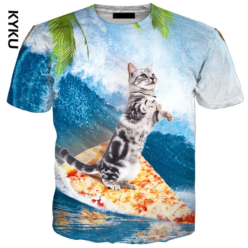 KYKU 3D Tshirt Vīriešiem Kaķis Pica Surfbord 3D Drukas Tee Krekls Topi ar Īsām Piedurknēm T-krekls Augstās Kvalitātes Gadījuma Harajuku Streetwear