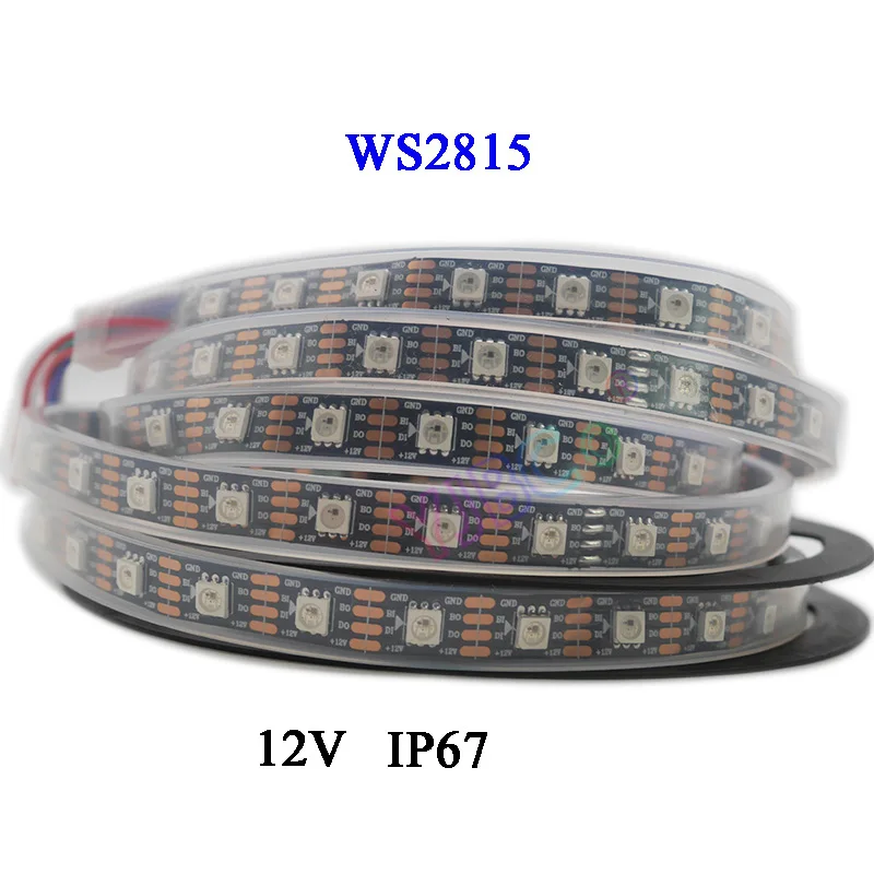 5m Smart pikseļu WS2815 led lentes;30/60/144 led/m;Melns/Balts PCB;IP30/IP65/IP67;Adresējama Dual-signāls,DC12V,ws2813