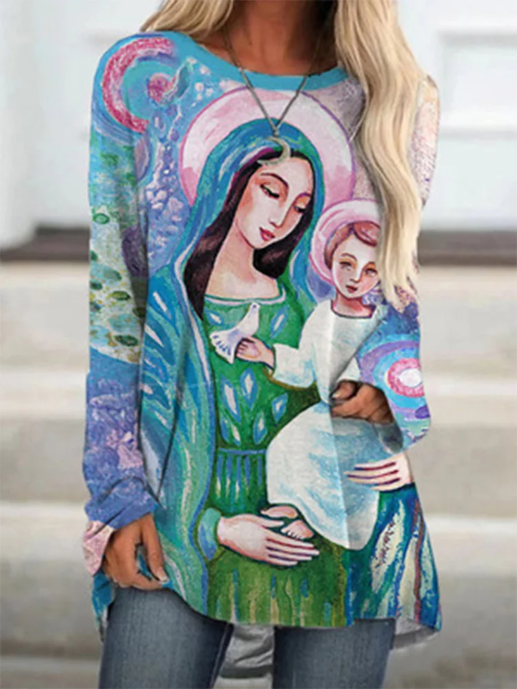 Pavasarī, Vasarā Ir 2021. Karstā Pārdošanas Kristietis, Jaunava Marija, Jēzus Drukāt Gadījuma garām Piedurknēm augstu uzrullētu apkakli Apaļu Kakla Slim Sieviešu Top T-krekls