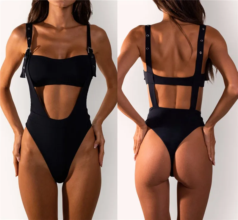 Melns Sexy Regulējams Bukle Peldkostīmi Sieviešu 2019 Viens Gabals Backless Augsta Vidukļa Beach Peldkostīms Dobi No Femme Monokini