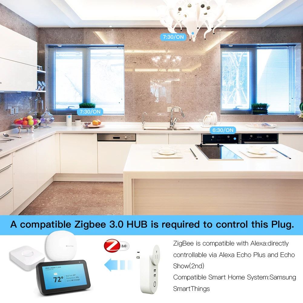 ZigBee 3.0 Smart Kontaktligzdu, Kontaktdakšu ar 2 USB Interfeiss Remote Balss Kontroles Darbu ar SmartThings Aci Echo Plus un Lielākā daļa Zigbee Centrmezglu