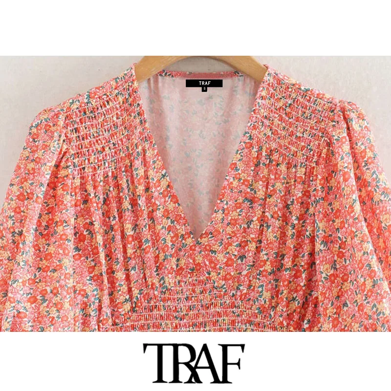 TRAF Sieviešu Šiks Modes Ziedu Drukāt Elastīgs Smocked Mini Apvalks Kleita Vintage V Kakla Mežģīņu Sieviešu Kleitas Vestidos
