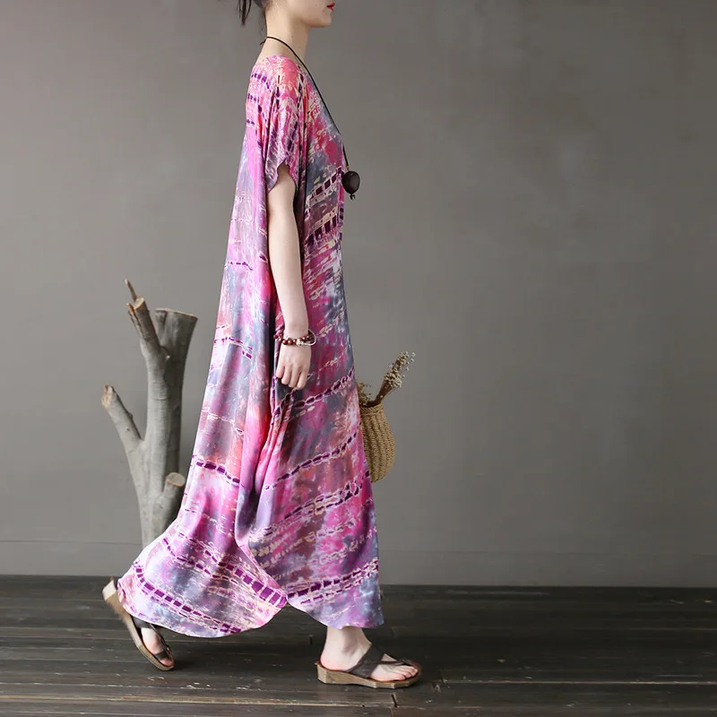 Johnature Sieviešu Nacionālā Stila Drukāt kaklasaišu krāsošanas Garās Kleitas Vintage Zaudēt 2020. Gada Vasaras O-veida Kakla Īsām Piedurknēm Nelegālo Kleitas
