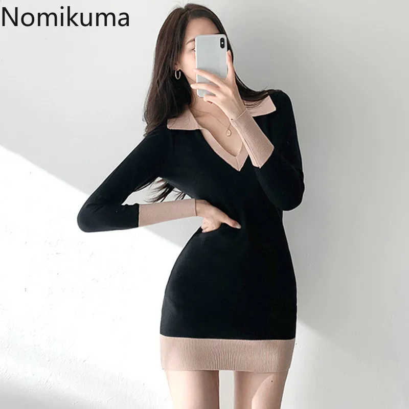 Nomikuma korejas Elegants Slim Trikotāžas Kleitas Sexy V-neck garām Piedurknēm, Sieviešu Džemperis Kleita 2020 