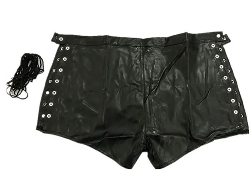 Jaunu 2018 Vīriešiem Patentu Ādas Aukliņu Bikses Sexy Black PVC Lateksa pusgarās sporta Bikses-bokseršortus Erotiska Slapjš Izskatās Apakšveļa, Vīriešu Fetiša Tērpu