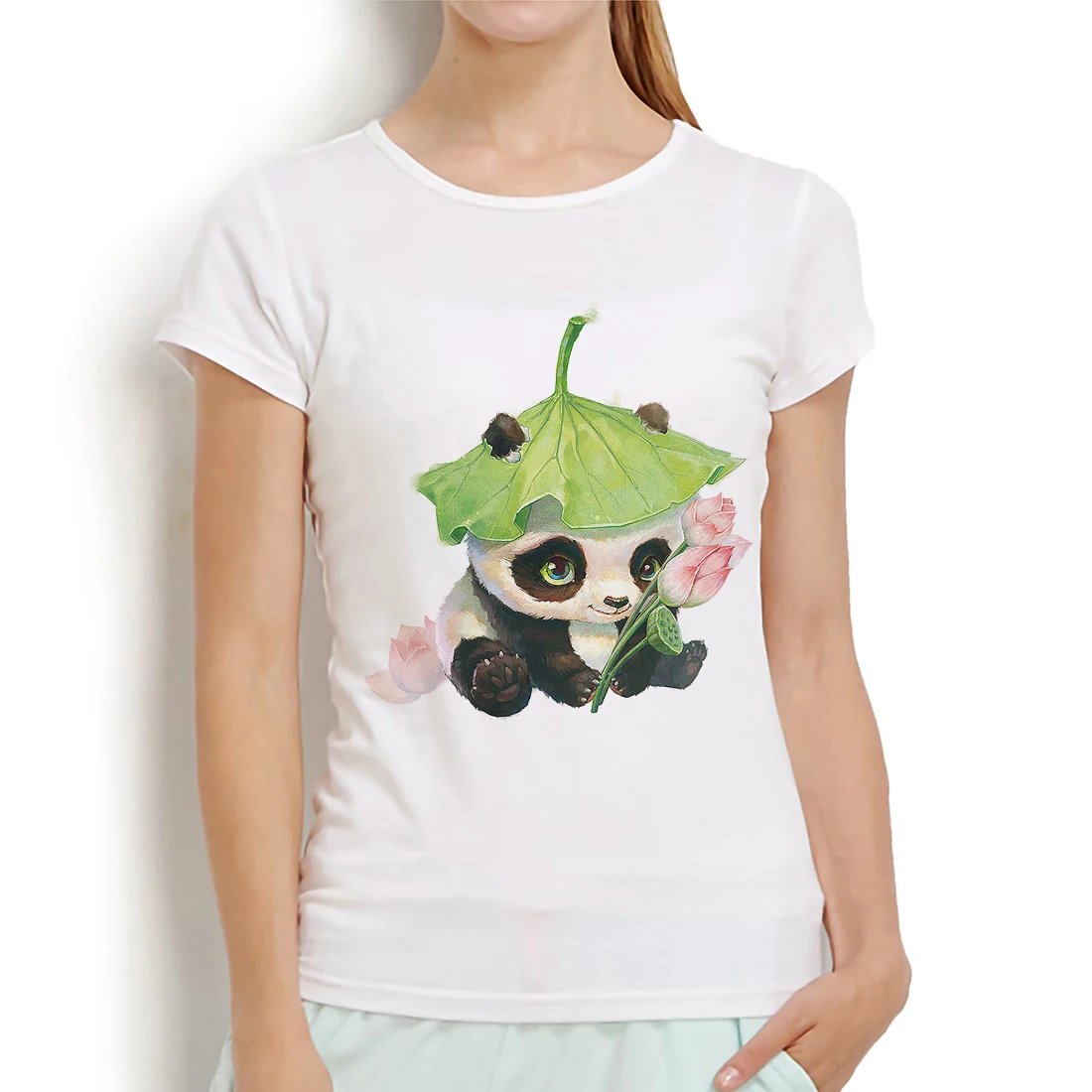 Akvarelis, baby panda ar lotosa ziedu funny t krekls sievietēm vasarā jaunu gadījuma īsu t femme gudrs streetwear t-krekls
