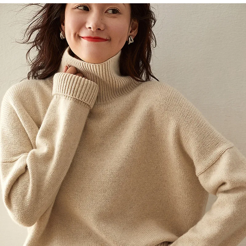 Kašmira džemperis rudens un ziemas augstu uzrullētu apkakli sieviešu modes zaudēt ārējā nodiluma bāzes adīts biezs džemperis