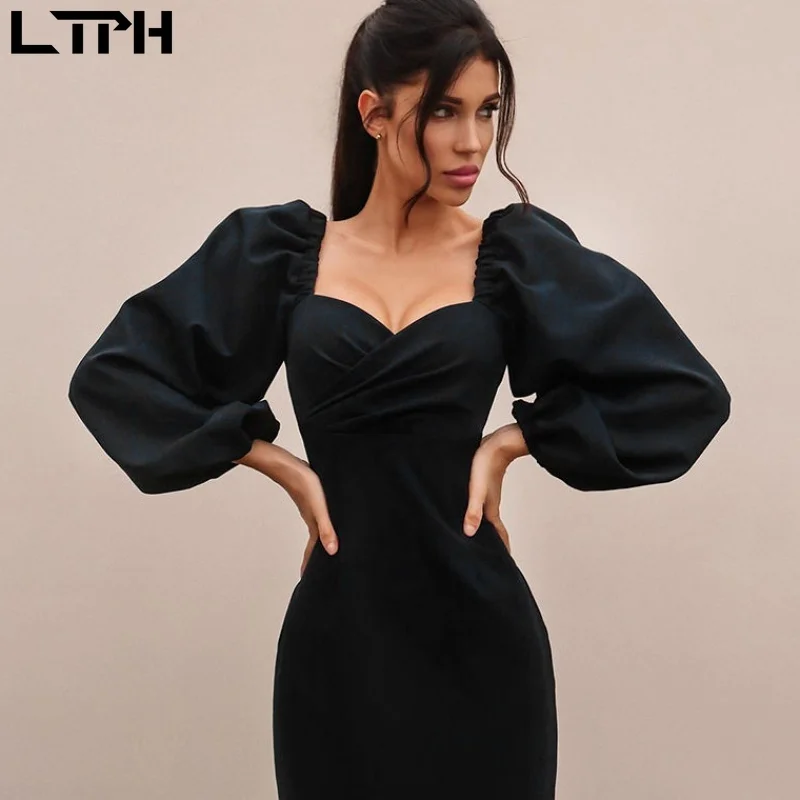 LTPH Karstā pārdošanas 2020 rudens ziemas jaunas sievietes sexy kleita caurule top ar zemu apkakles puff piedurknēm vienkrāsainu ilgi modes zīmuli kleitas