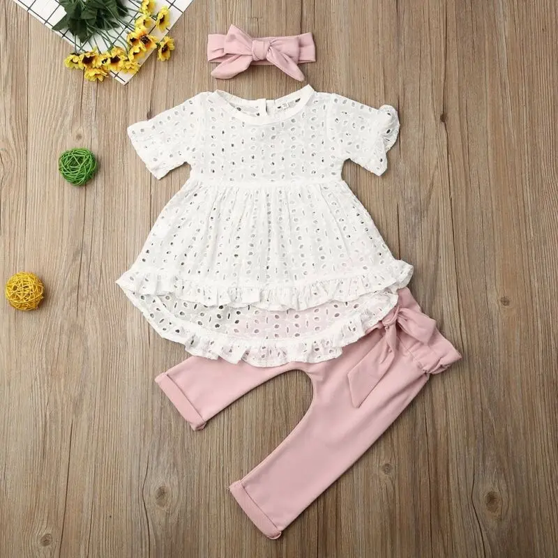 0-24 Jaundzimušā Apģērbu 2019 Rudens Bērns Meitenes Apģērbu Komplekts Baltā krāsā Lave Tops Rozā Bikses Galvassegu Zīdaiņu 3pcs Set Baby Meiteņu Tērpiem
