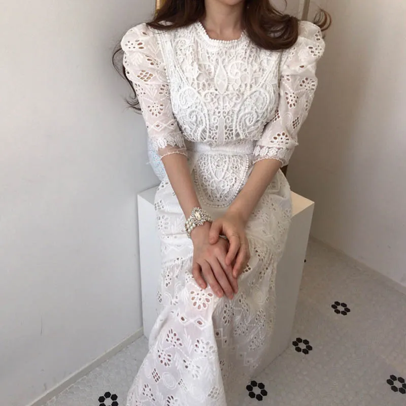 Korejas Balta Mežģīņu Kleita Sievietēm Vintage Pavasara Vasaras 2020 