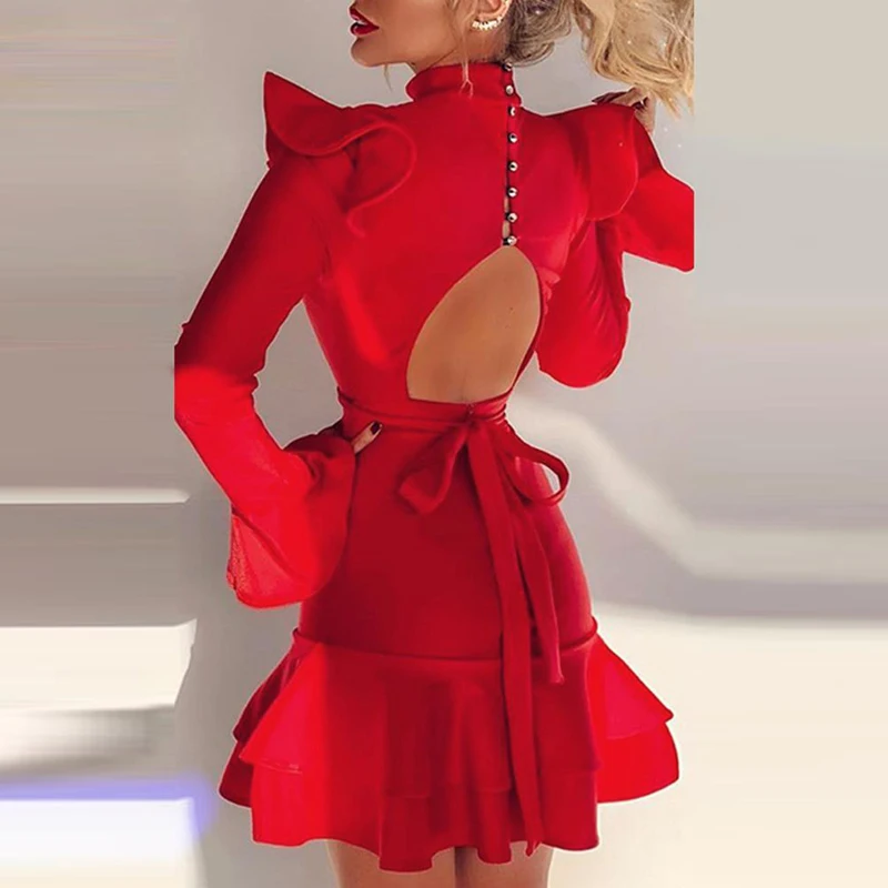 Elegants sieviešu Backless Mežģīnes-up Mini Kleita Rudens Sexy augstu uzrullētu apkakli Savirmot Puse Kleitas Modes Pogu Izlīdzināšanu Piedurknēm Kleita Vestidos