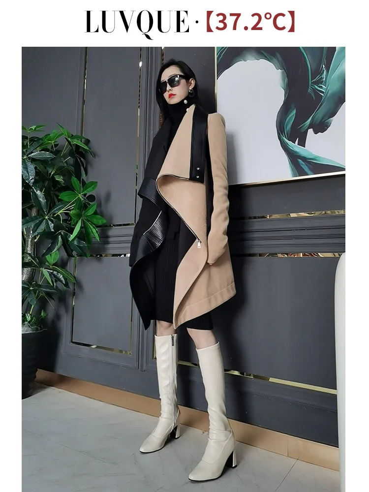 DEAT ir 2021. jaunas ziemas modes sieviešu apģērbu šalle apkakle pilnu piedurknēm, vilnas jaka raibs kontrasta krāsas mētelis WO6901L