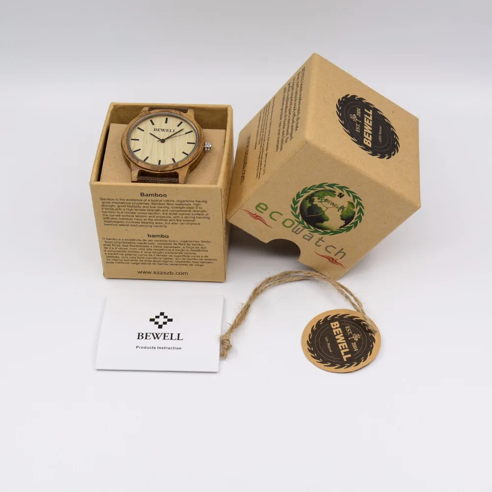 BEWELL Fashion & Gadījuma Mens Koka Pulksteņi ar Auduma Joslas Ūdens Izturīgs Rokas pulksteni ar Kasti 134A