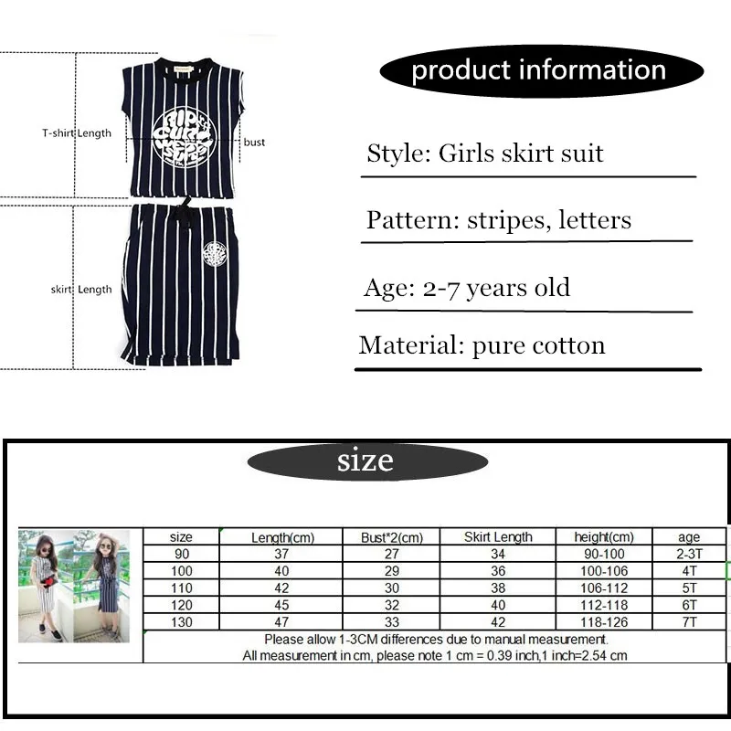 Baby Girl Apģērbu Komplekts 2020. Gada Vasaras Jaunas Kokvilnas Svītrainām Vēstuli Īsām Piedurknēm T-Krekls + Svārki 2 gab Bērniem apģērbi meitenēm
