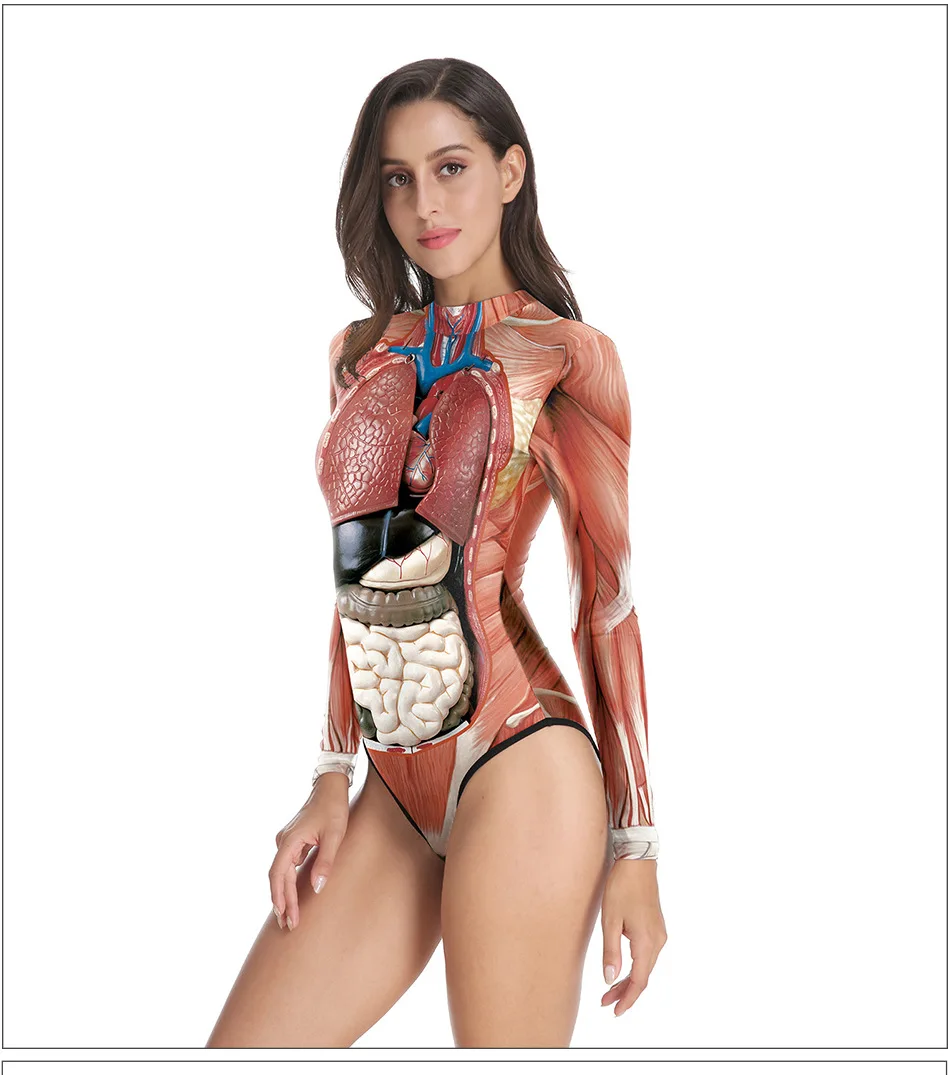 Cilvēka Anatomija 3D Drukas garām Piedurknēm Sexy Viens Gabals Peldkostīms Sieviešu Entrail Modelis Bodysuit Sievietes Ķermeņa Uzvalks Gadījuma Jumpsuit
