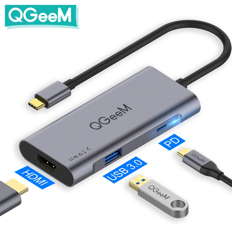 QGeeM USB C centrs Macbook Pro 3 Portu USB C Tipa Rumbu 3.0 PD HDMI Huawei Matebook iPad Pro USB Adapteri Sadalītāja Doks OTG