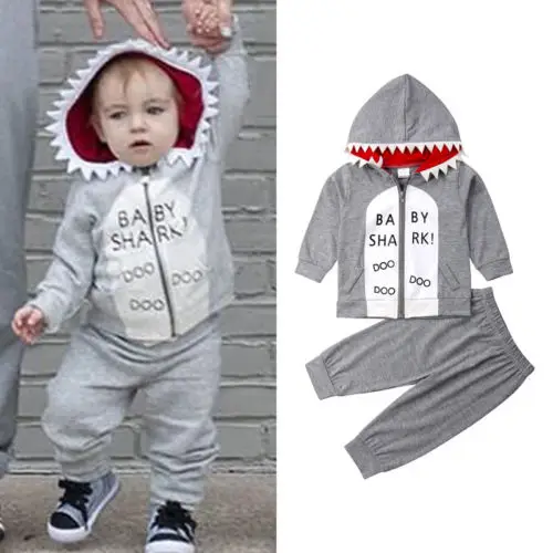 Karstā Cute Jaunu Toddler Bērniem, Baby Boy Haizivs Apģērbs Rāvējslēdzēju pelēkā vārna Topi, Bikses Tērpiem 2Pcs Set