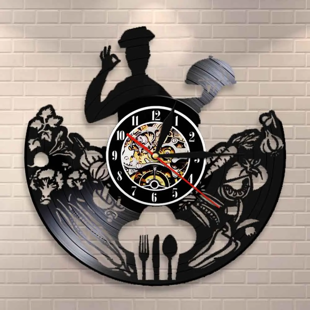 Šefpavārs Sienas Pulkstenis, Restorāns, Biznesa Logo, Sienu Dekors Virtuves Piederumi Profesionālā Pagatavot Izsmalcinātus Ēdienus Un Pārtikas Vinila Ieraksts Pulkstenis