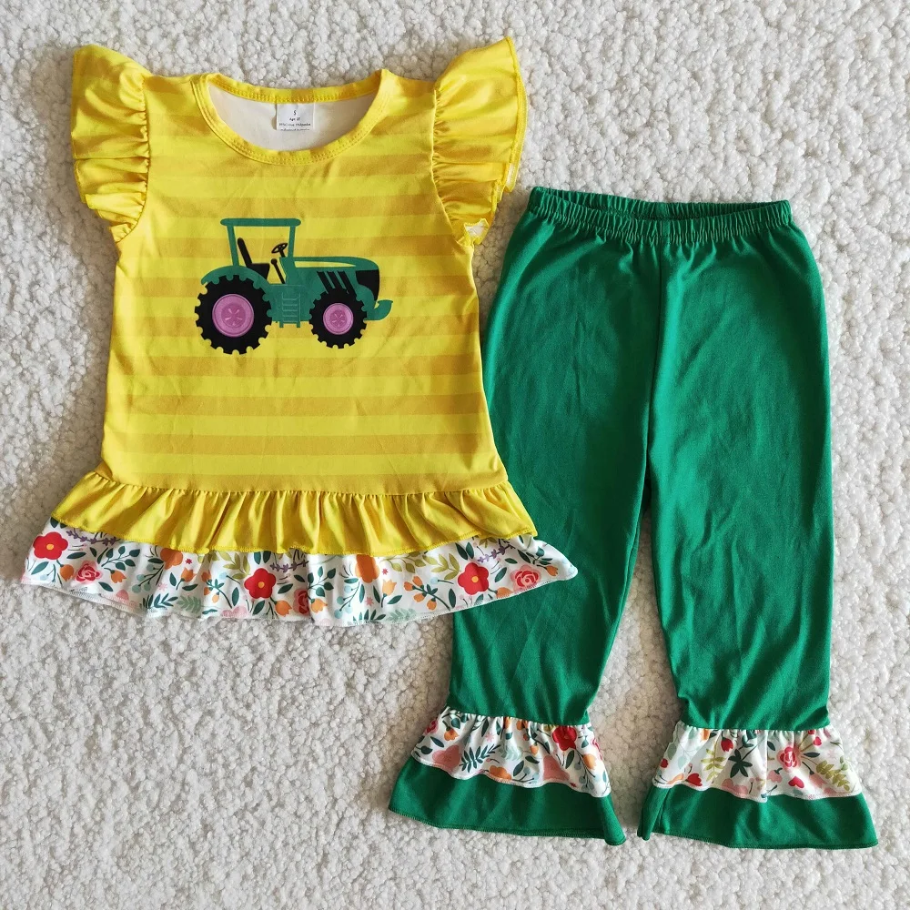 Pavasara Saimniecības Meitenes Valkā Flutting Piedurknēm Savirmot Apģērbs Traktoru Ziedu Svītru Drukāt Bērniem, Drēbes Komplekti Boutique Vairumtirdzniecība