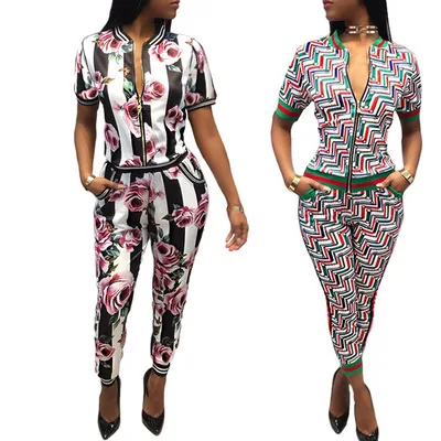 Sieviešu iestatīt ikdienas tracksuit divi gabali drukāšanas komplekts īsām piedurknēm krekls topi + bikses set suits