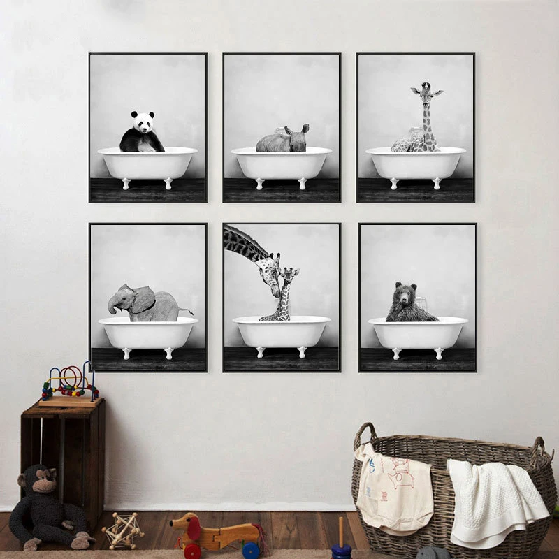 Mūsdienu Mākslas Baby Dzīvnieku Vanna Plakātu Panda Zilonis, Žirafe Kanvas Glezna, Plakāts un Izdrukas, Bildes, Bērnu Istabas Interjeru