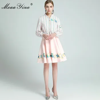 MoaaYina Modes Dizainere Uzstādīt Pavasara Sieviešu garām piedurknēm jaka Svītru Topi+Cirka Drukas kleita Divu gabalu komplekti