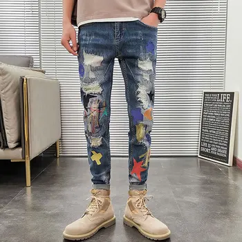 Korejas Modes Stila Vīriešu Džinsi Izšuvumi Plāksteris Dizainers Ripped Džinsi Stiept Zīmuli Bikses Streetwear Elastīgs Hip Hop Džinsi Vīriešiem